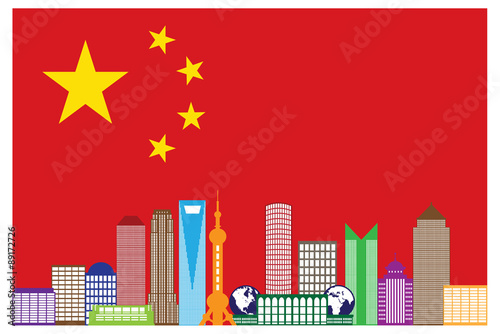 Shanghai City Skyline in China Flag Vector Illustration
