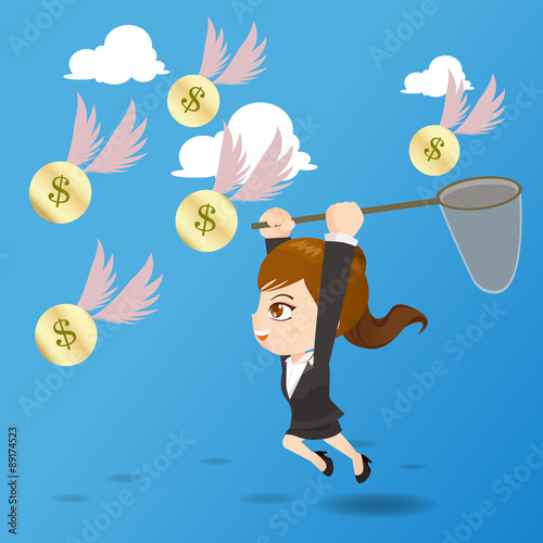 cartoon illustration businesswoman catching money