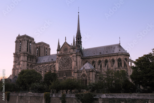 Evening view of Cathedral of Notre Dame de Paris at sunset, Fran