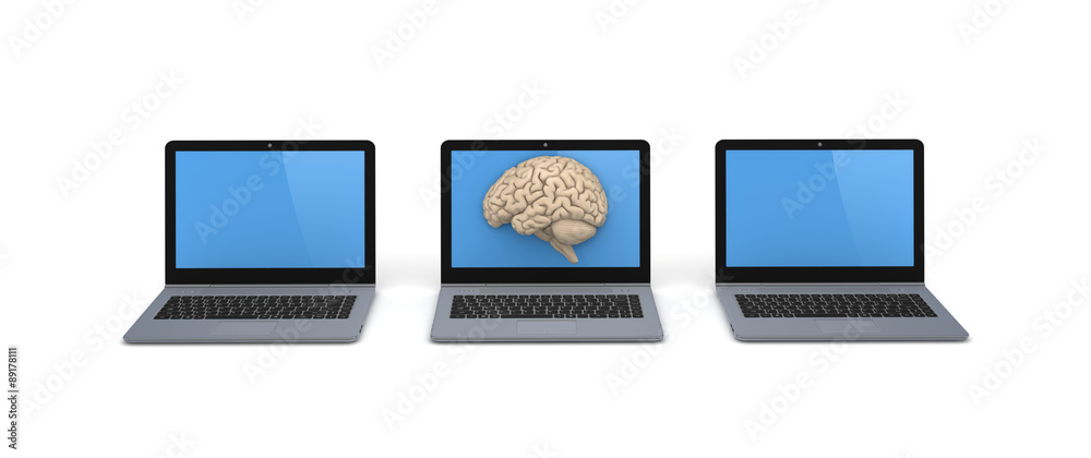 Human brain on a screen of laptop. Human brain on a screen of laptop.