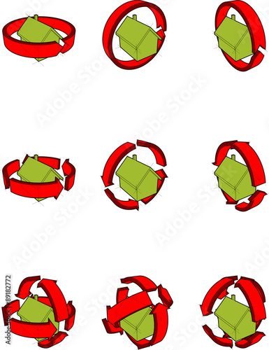 collection of nine diagrams of a simple detached house with arrows rotating around the house