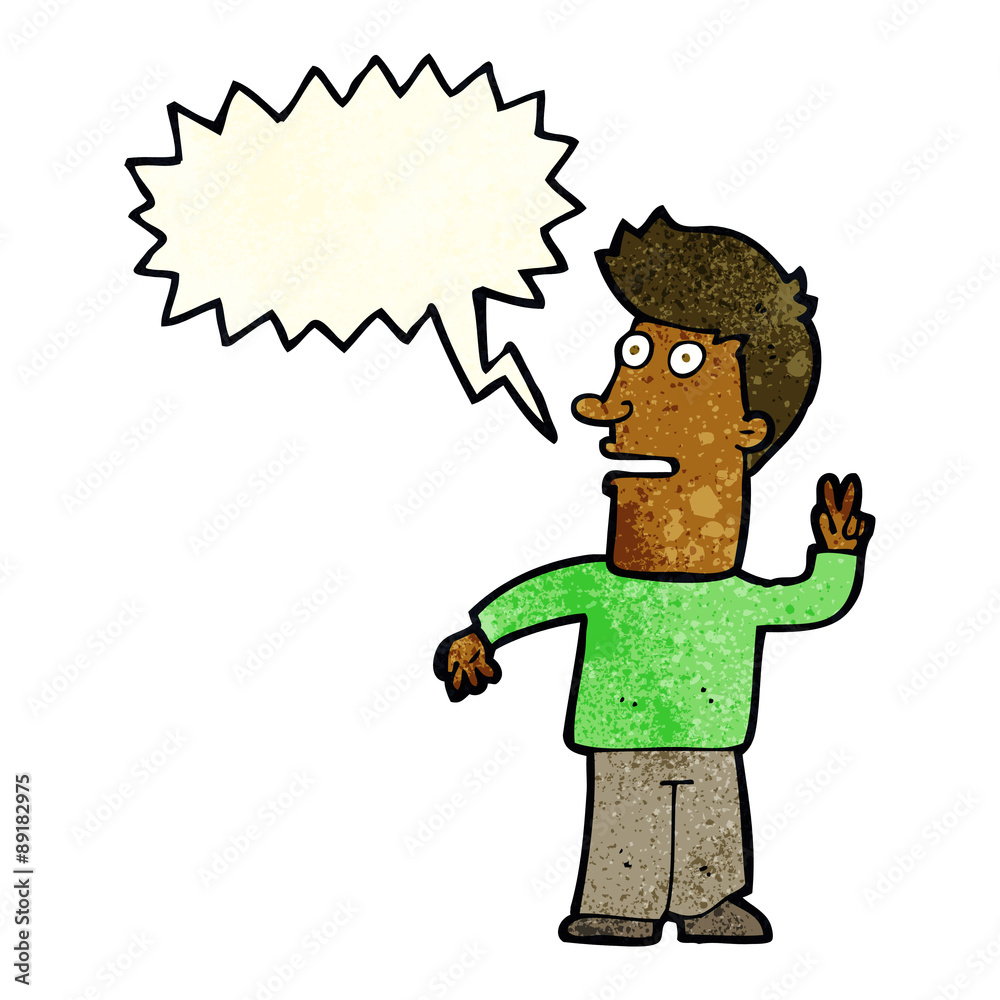 cartoon man making peace sign with speech bubble cartoon man making peace sign with speech bubble
