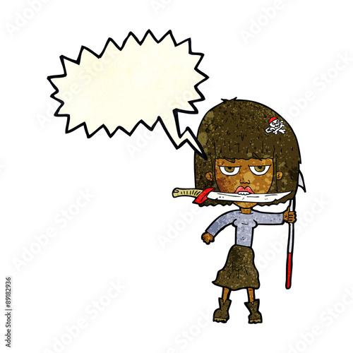 cartoon woman with knife and harpoon with speech bubble