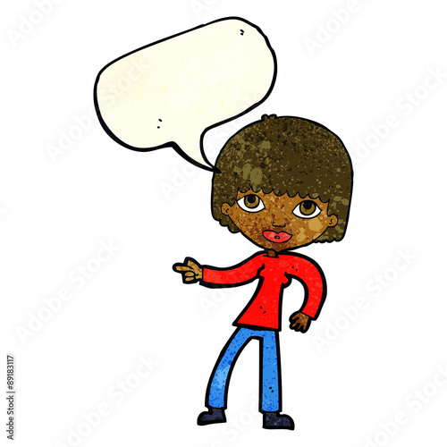 cartoon woman pointing with speech bubble