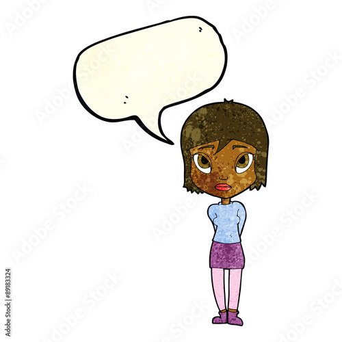 cartoon shy girl with speech bubble