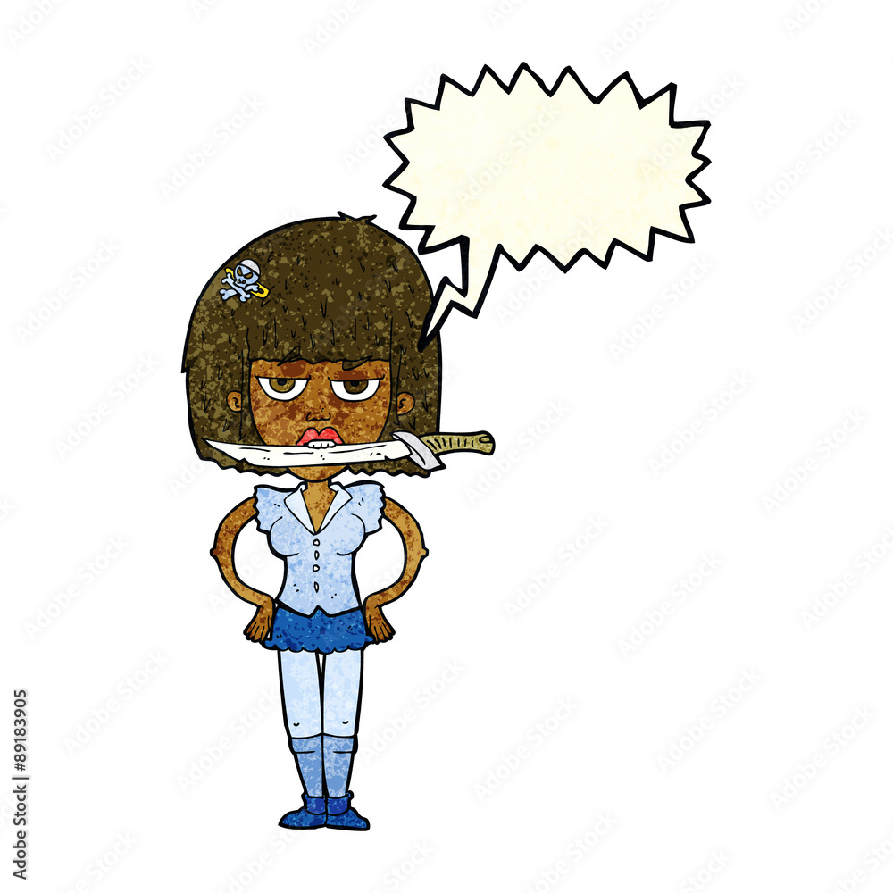 Obraz premium cartoon woman with knife between teeth with speech bubble