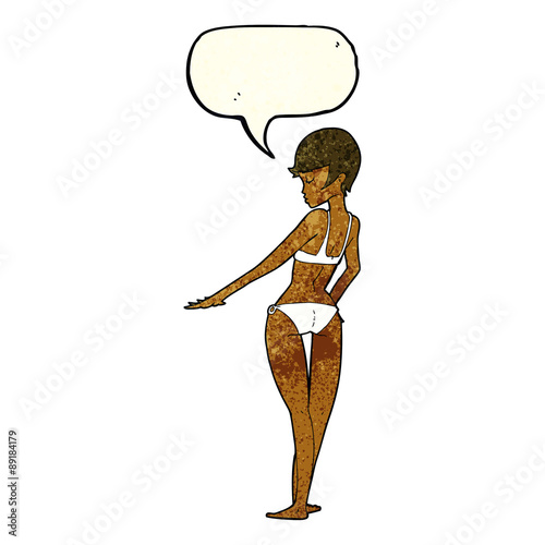 cartoon woman in bikini with speech bubble