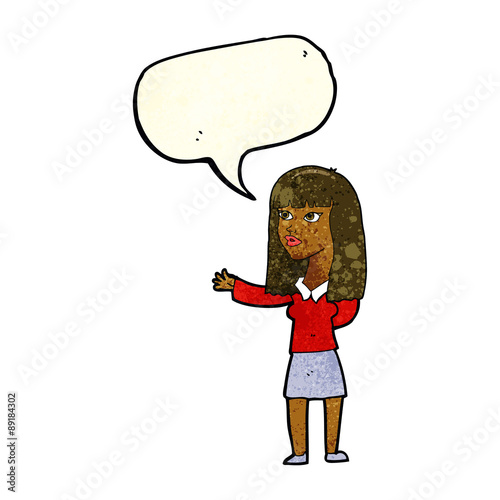 cartoon woman gesturing to show something with speech bubble