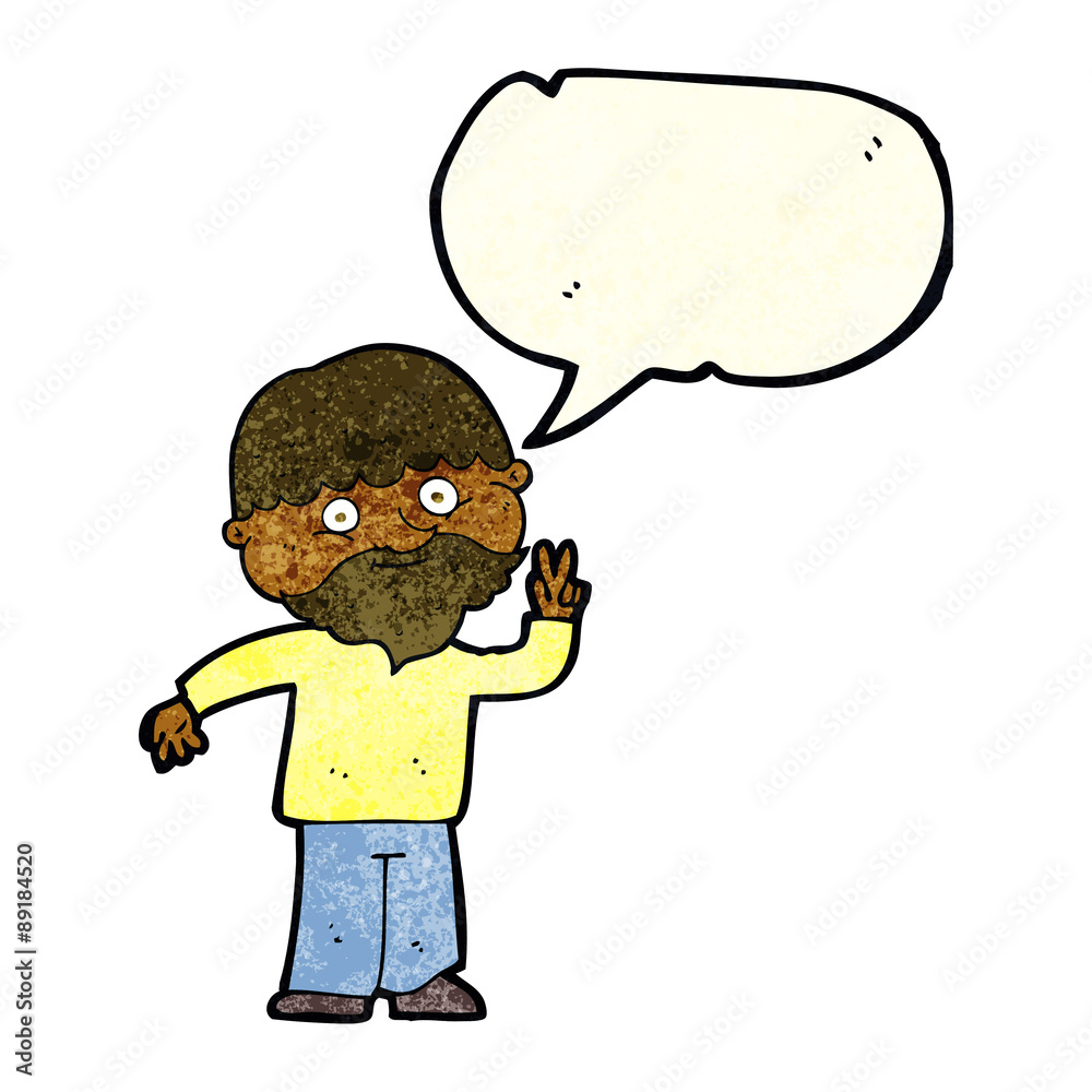 cartoon man giving peace sign with speech bubble