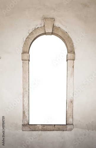 Ancient stone window white isolated
