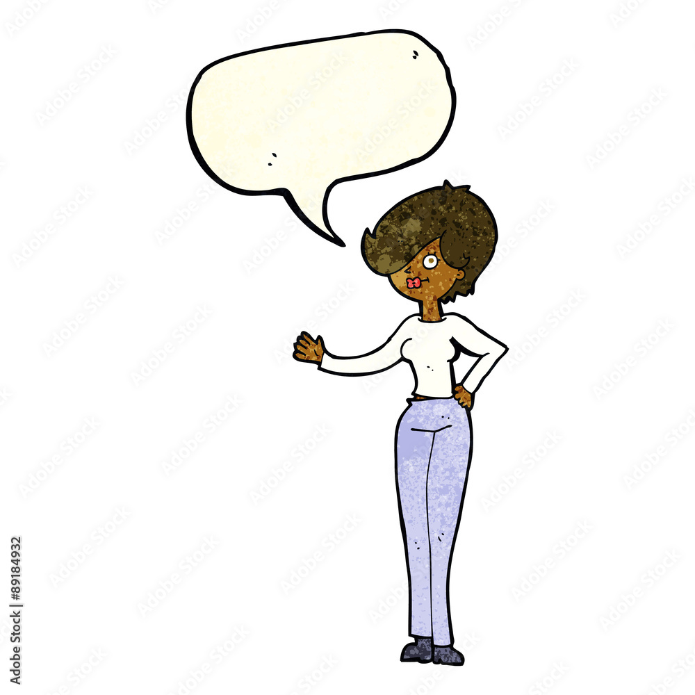 cartoon woman waving with speech bubble cartoon woman waving with speech bubble