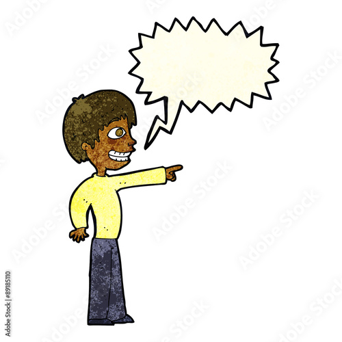 cartoon grinning boy pointing with speech bubble