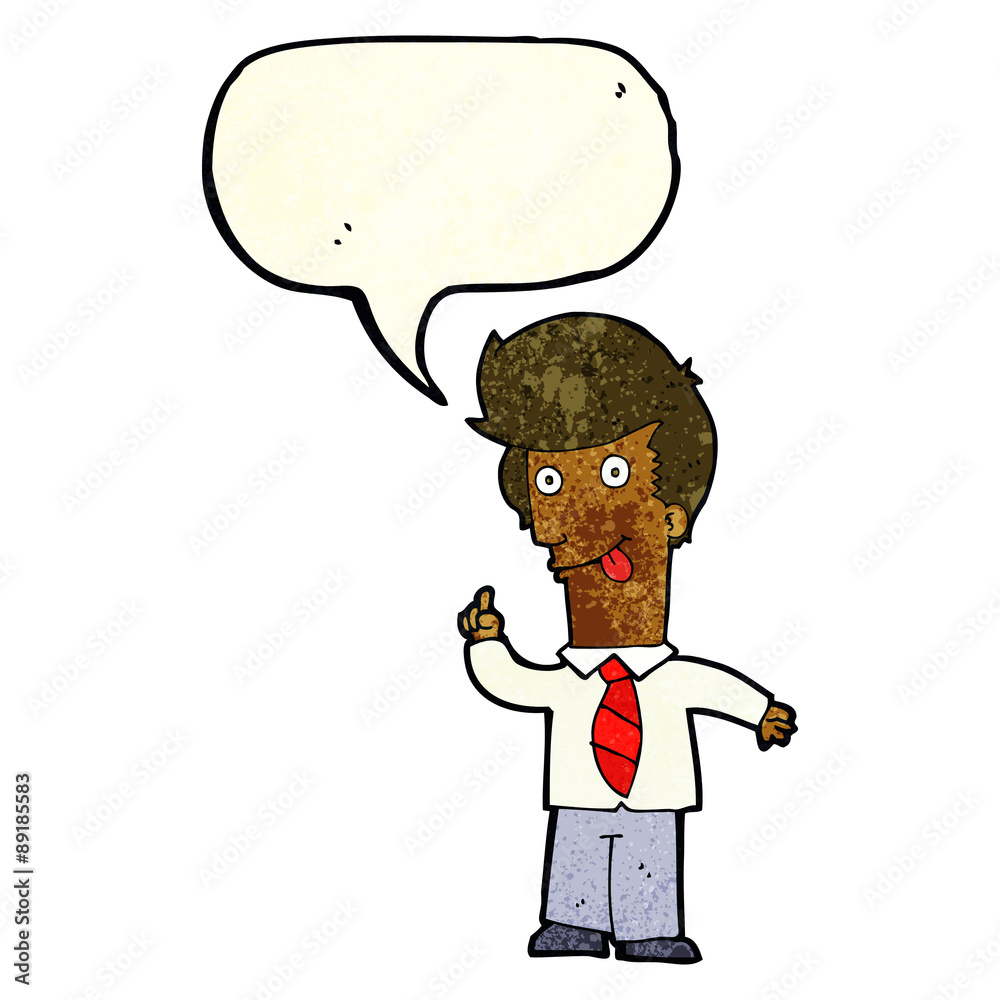 cartoon office man with crazy idea with speech bubble