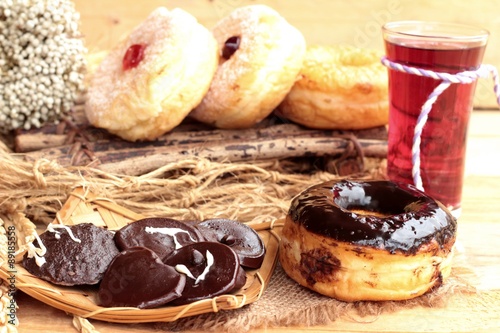 Chocolate donut and strawberry jam donut of delicious