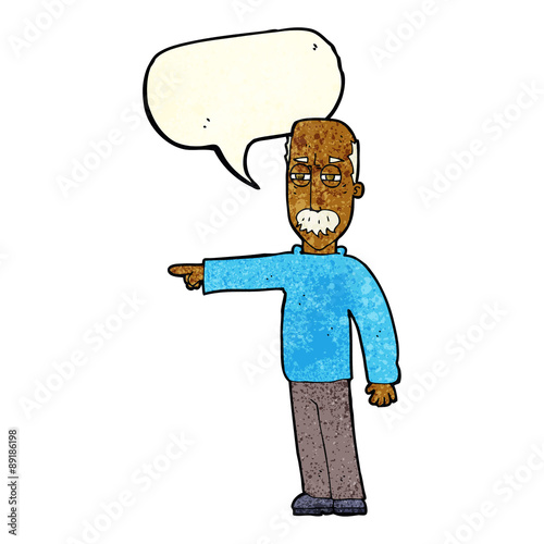 cartoon old man gesturing Get Out! with speech bubble