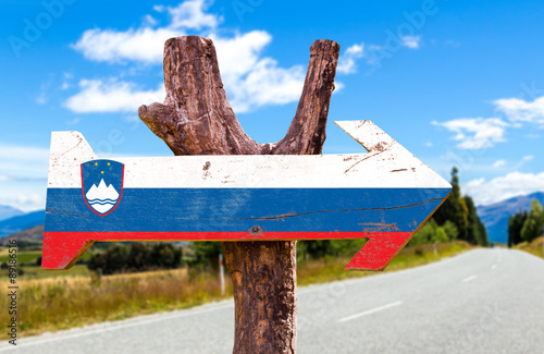Slovenia Flag wooden sign with road background