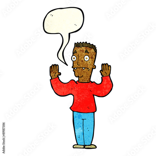 cartoon man surrendering with speech bubble