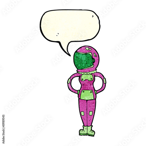 cartoon female astronaut with speech bubble