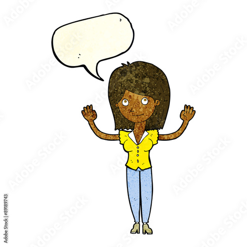 cartoon woman holding up hands with speech bubble