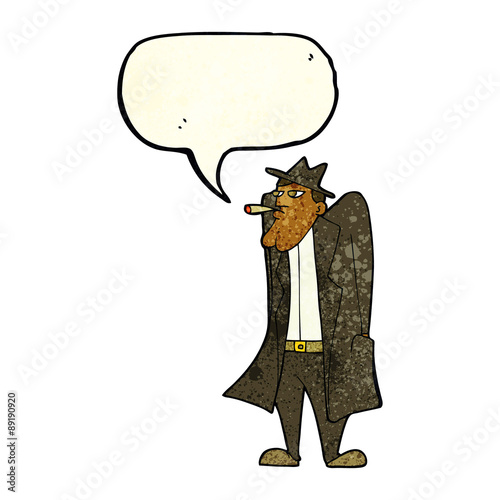 cartoon man in hat and trench coat with speech bubble