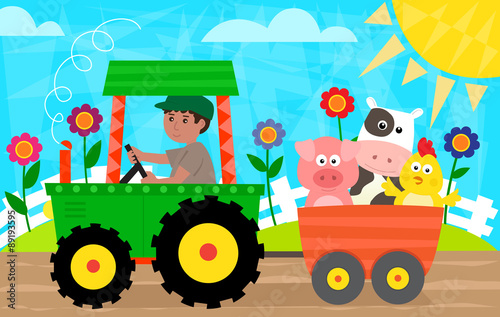 Fun in The Farm - Farmer with a tractor is driving a cart with pig  cow and a chick. Eps10