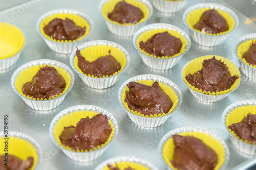 preparation of chocolate muffins before baking