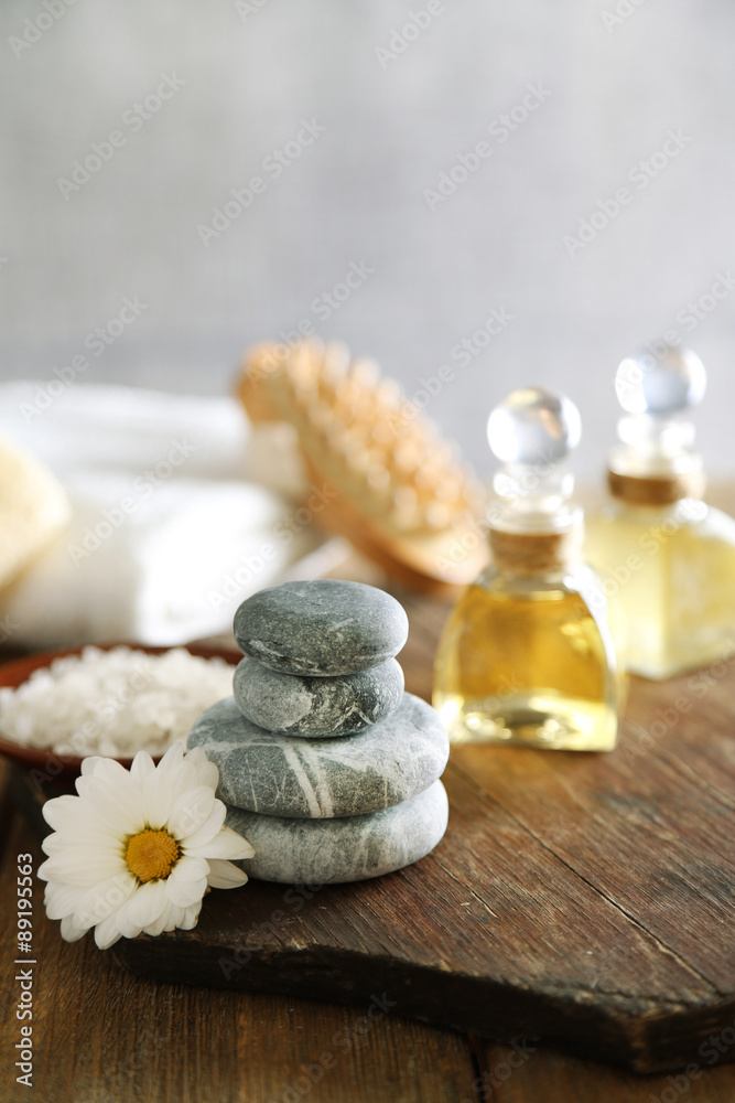 Composition of spa treatment on table colorful background Composition of spa treatment on table colorful background