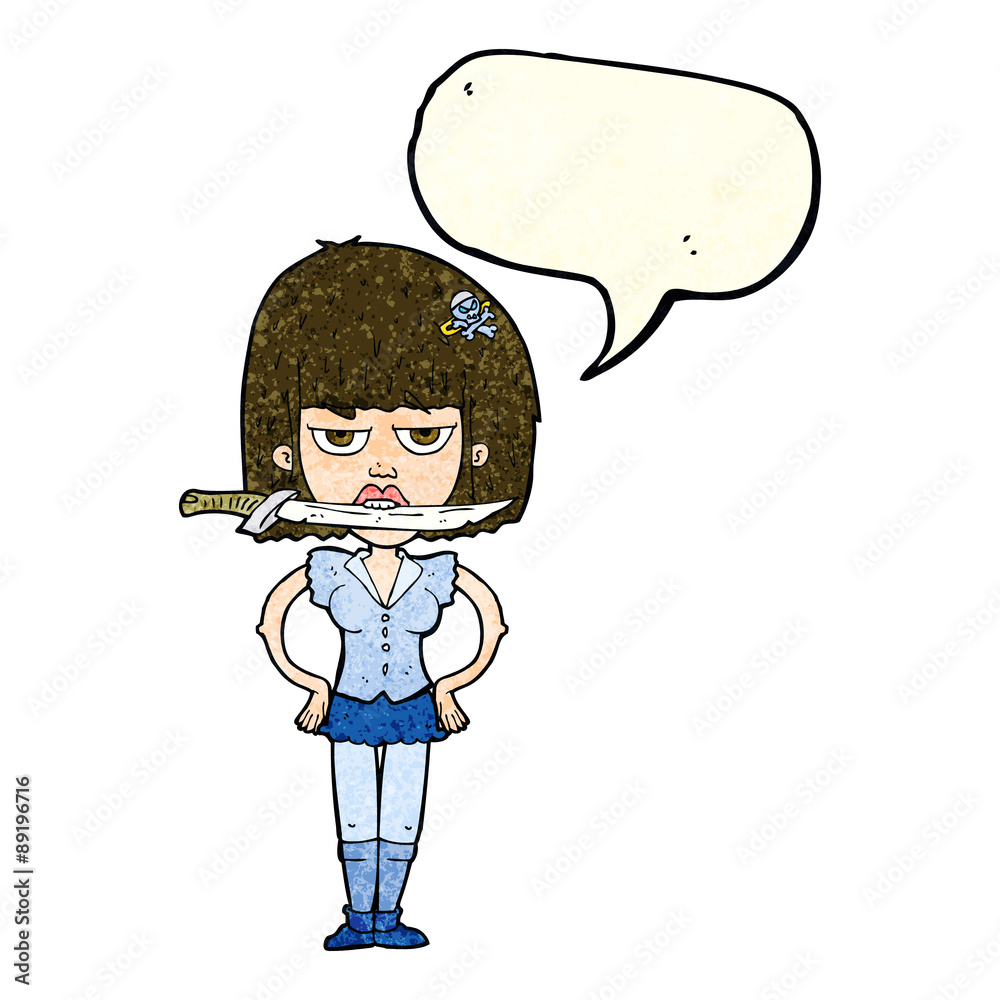 cartoon woman with knife between teeth with speech bubble cartoon woman with knife between teeth with speech bubble