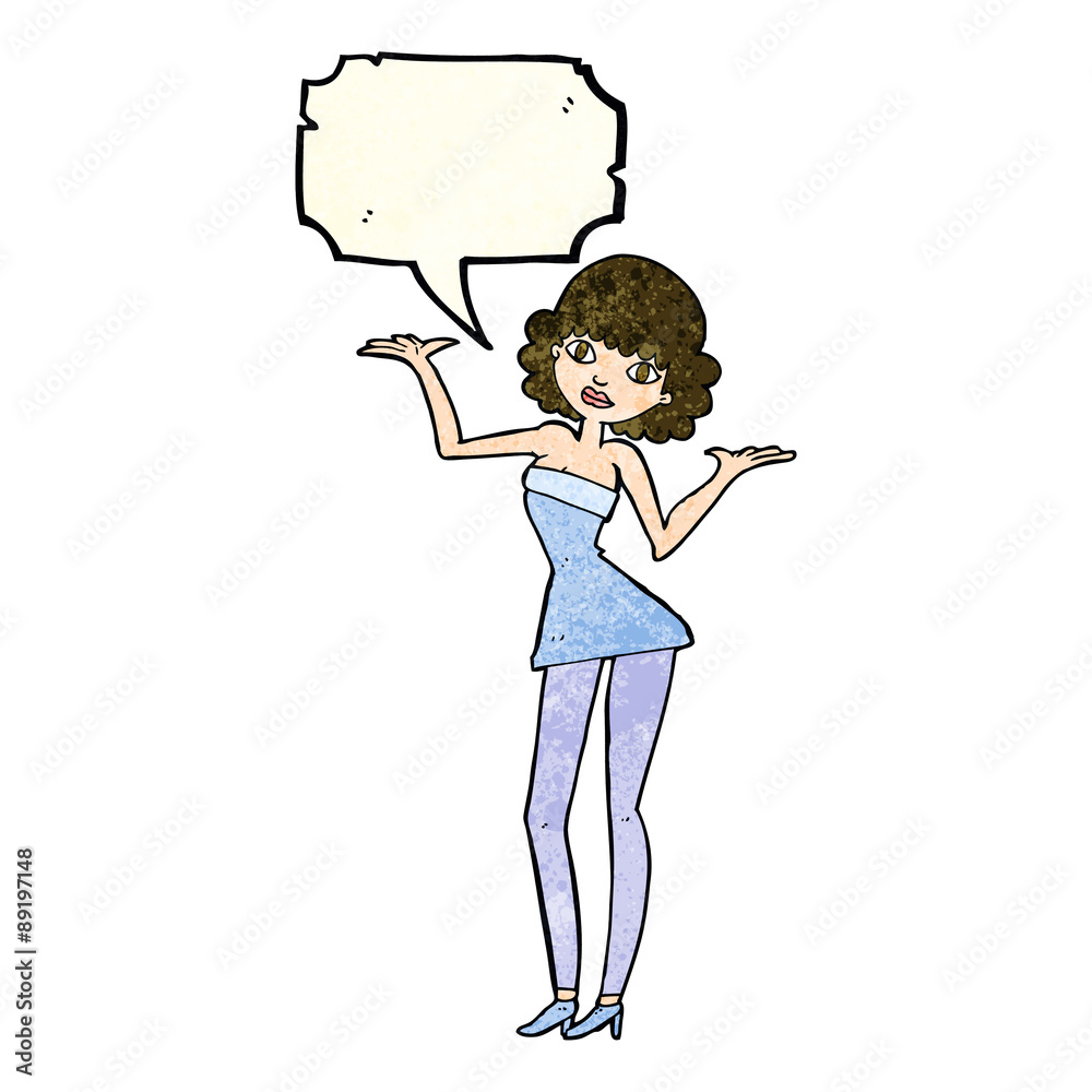 cartoon woman in cocktail dress with speech bubble cartoon woman in cocktail dress with speech bubble