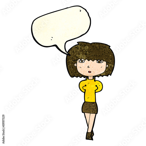 cartoon shy woman with speech bubble