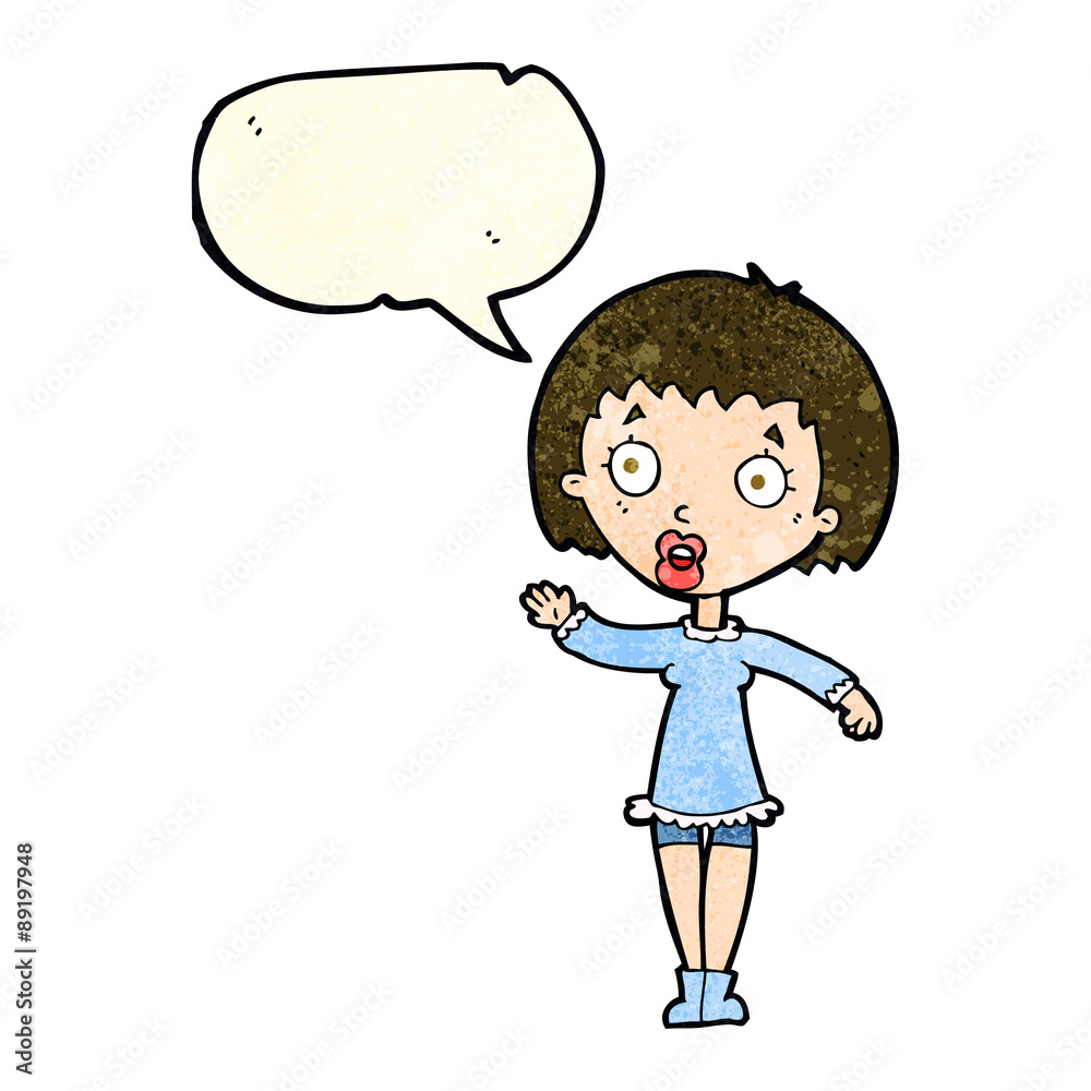 cartoon waving woman with speech bubble cartoon waving woman with speech bubble