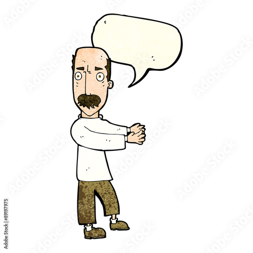 cartoon balding man explaining with speech bubble