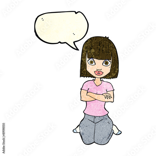 cartoon woman kneeling with speech bubble