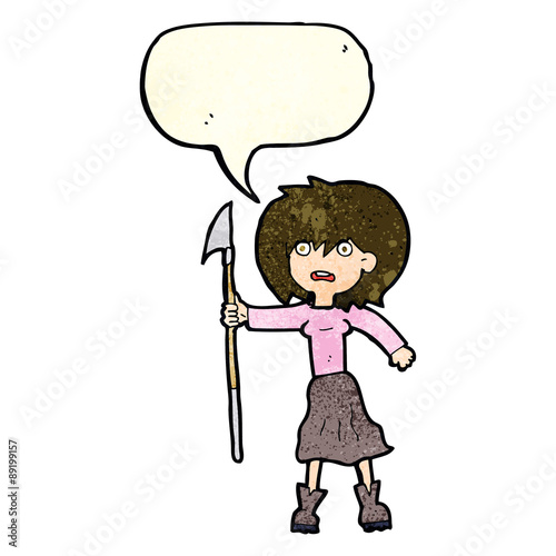 cartoon woman with harpoon with speech bubble