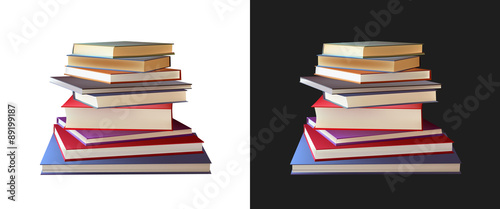 Pile of books, stacked books on white and black backgrounds