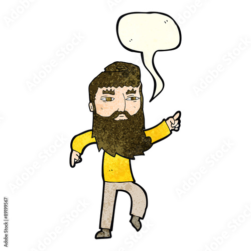 cartoon bearded man pointing the way with speech bubble