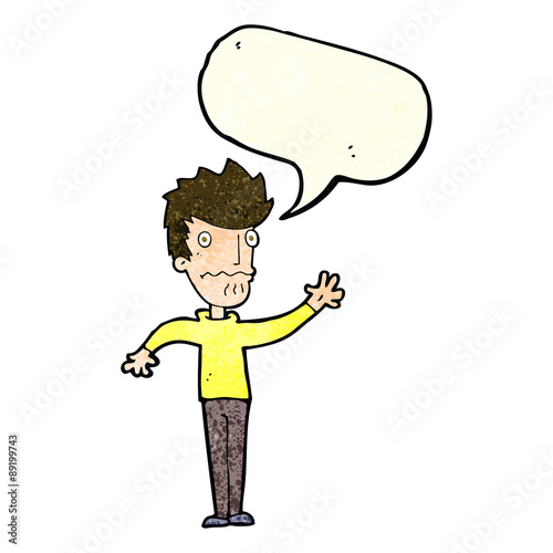 cartoon worried man reaching out with speech bubble