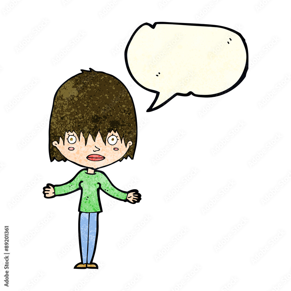 cartoon woman shrugging shoulders with speech bubble cartoon woman shrugging shoulders with speech bubble