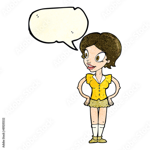 cartoon happy woman in short skirt with speech bubble