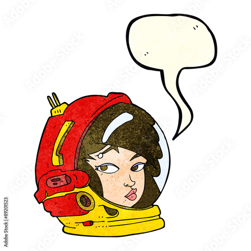 cartoon female astronaut with speech bubble