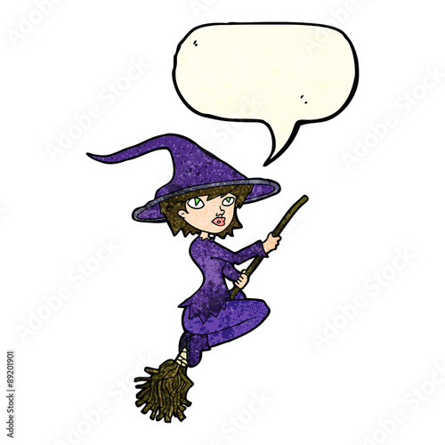 cartoon witch riding broomstick with speech bubble