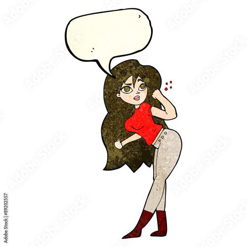 cartoon woman raising fist with speech bubble
