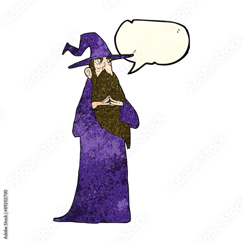 cartoon old wizard with speech bubble