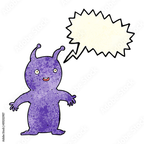 cartoon happy little alien with speech bubble