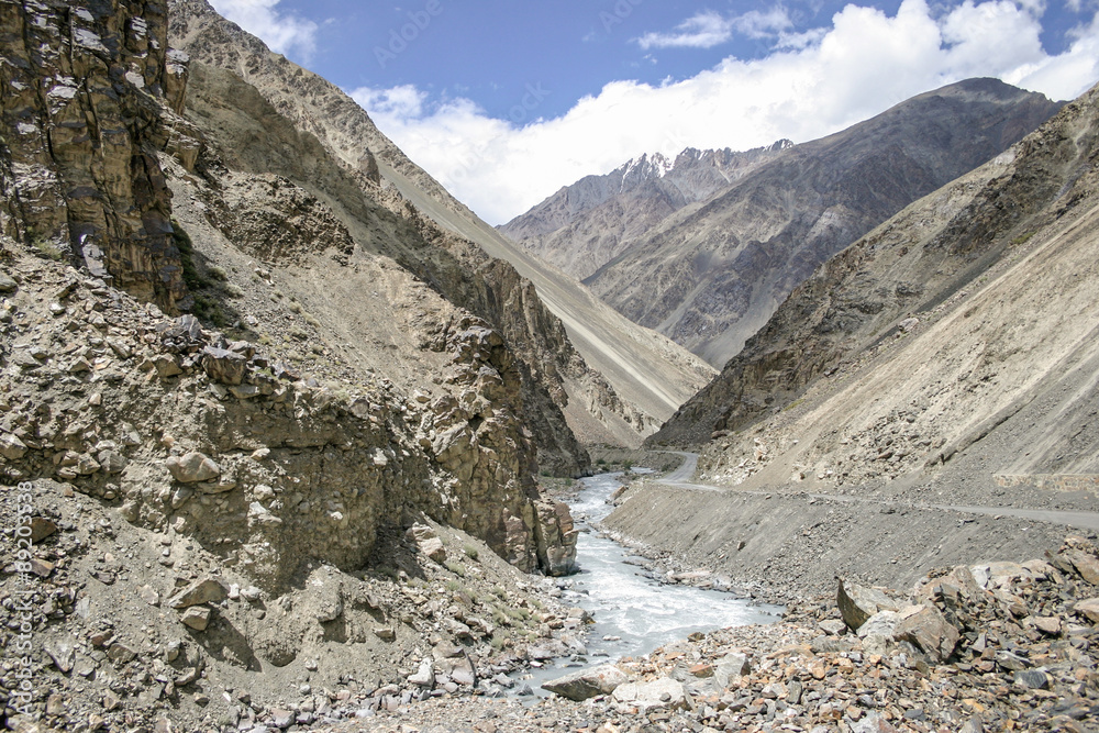 Deep and remote valley in the Karakoram Highway in Pakistan far north