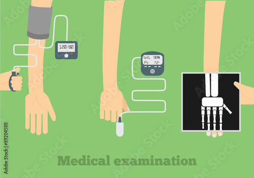  Medical examination flat illustration. 

Blood pressure measure, pulse oximetry, radiography flat design