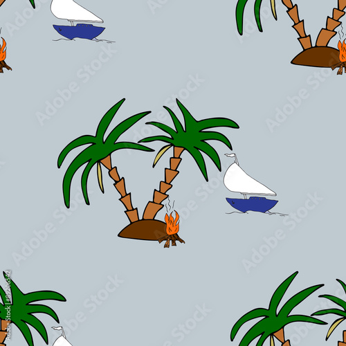 Seamless travel pattern with a palms on color background. Use for wallpapers, pattern fills, web pages background, surface textures