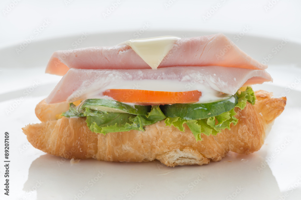 Ham and cheese croissant sandwich on white plate Ham and cheese croissant sandwich on white plate