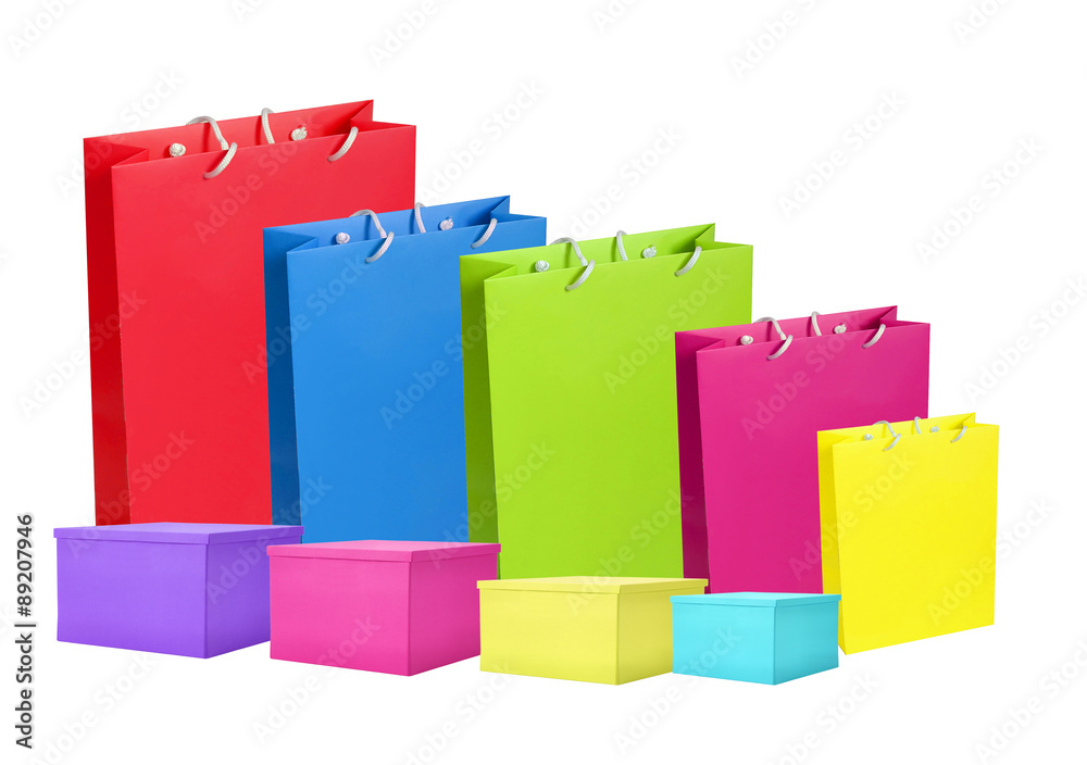 Colourful paper shopping bags and box isolated on white Colourful paper shopping bags and box isolated on white