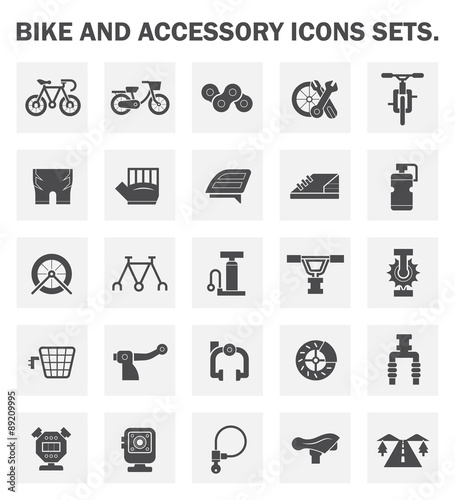 Bike accessory vector icon. Safety equipment and cloth i.e. helmet, glove, shoe. Part i.e. chain, wheel, frame, gear, disc brake, shock absorber. Sport vehicle for cyclist to ride, exercise, travel.